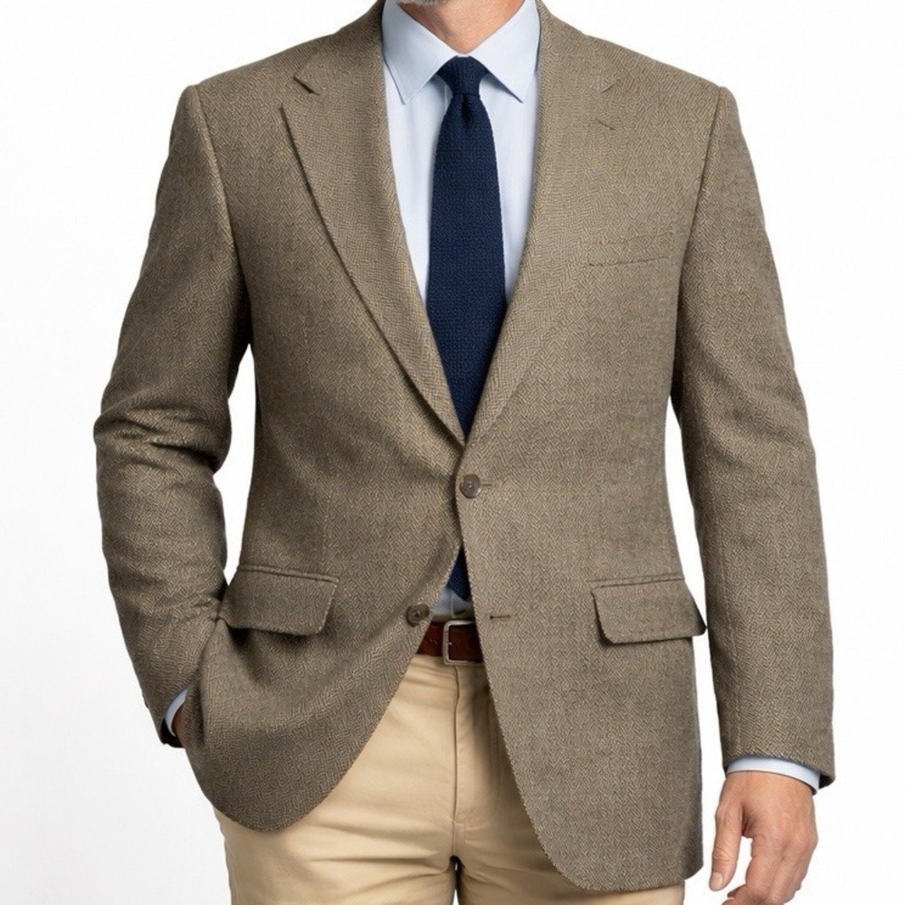 Lands' End Vintage Tweed Herringbone Brown Tan Coat Wool Blazer 46L - 2 Button - Picture 5 of 8